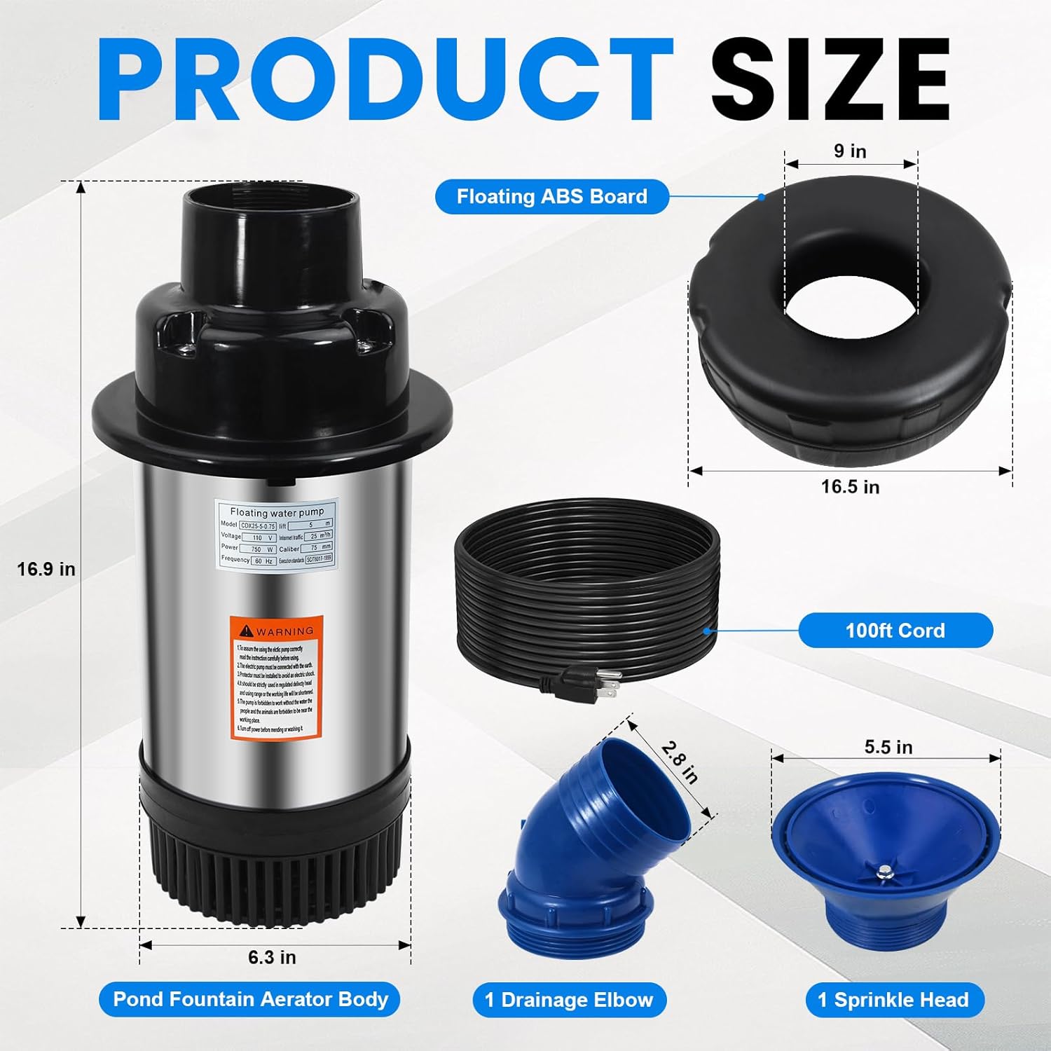 15000 GPH Pond Fountain Aerator-110V Fully Automatic 750W (1HP) Fountain and Pond Aerator. Pond Fountain with 100 ft Power Cord. (Stainless Steel)