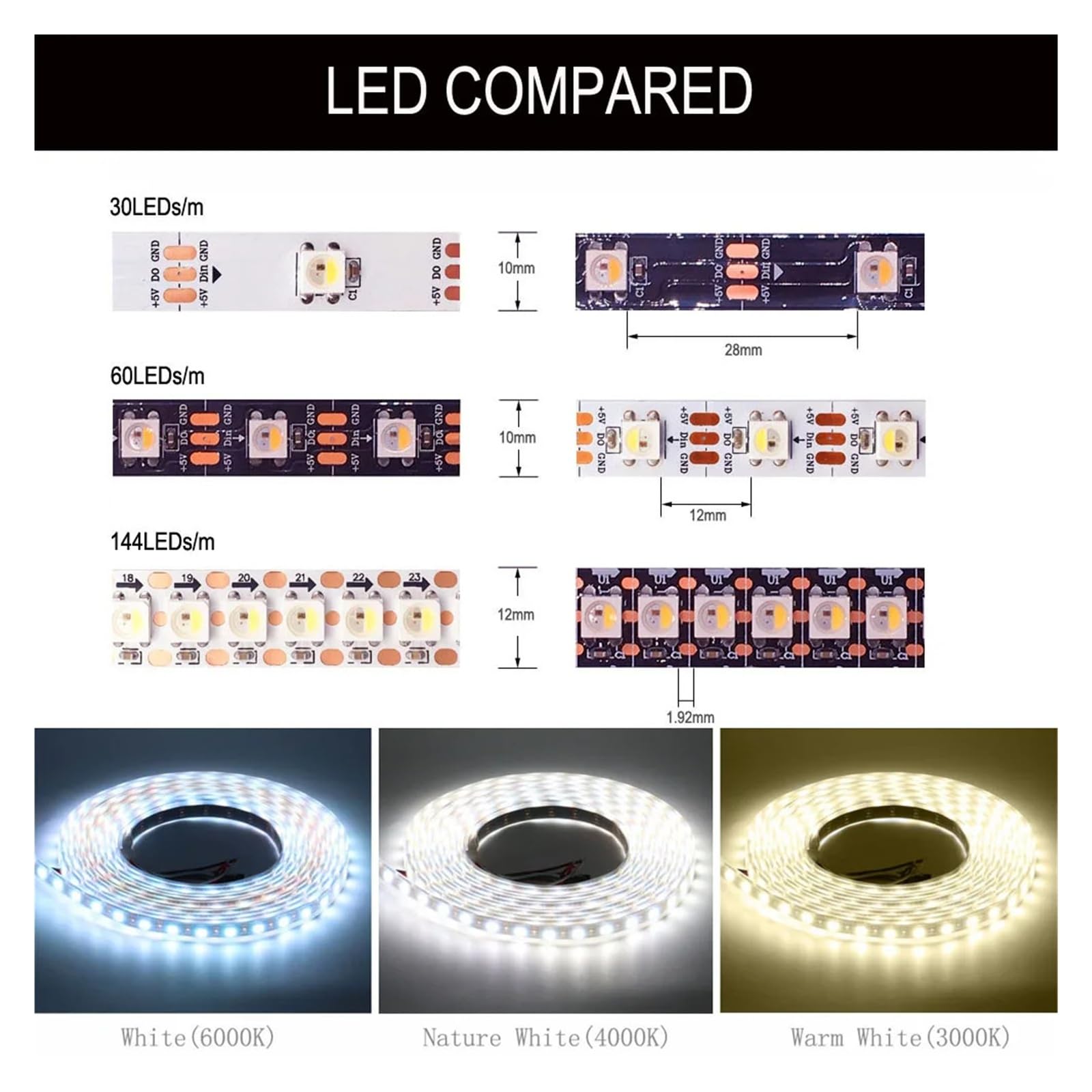 Tira de LED direccionable SK6812 RGBW 4 en 1 DC5V Cinta de luz de múltiples densidades de LED IP30 IP65 IP67(White PCB,RGB NW_5M 30 IP67)