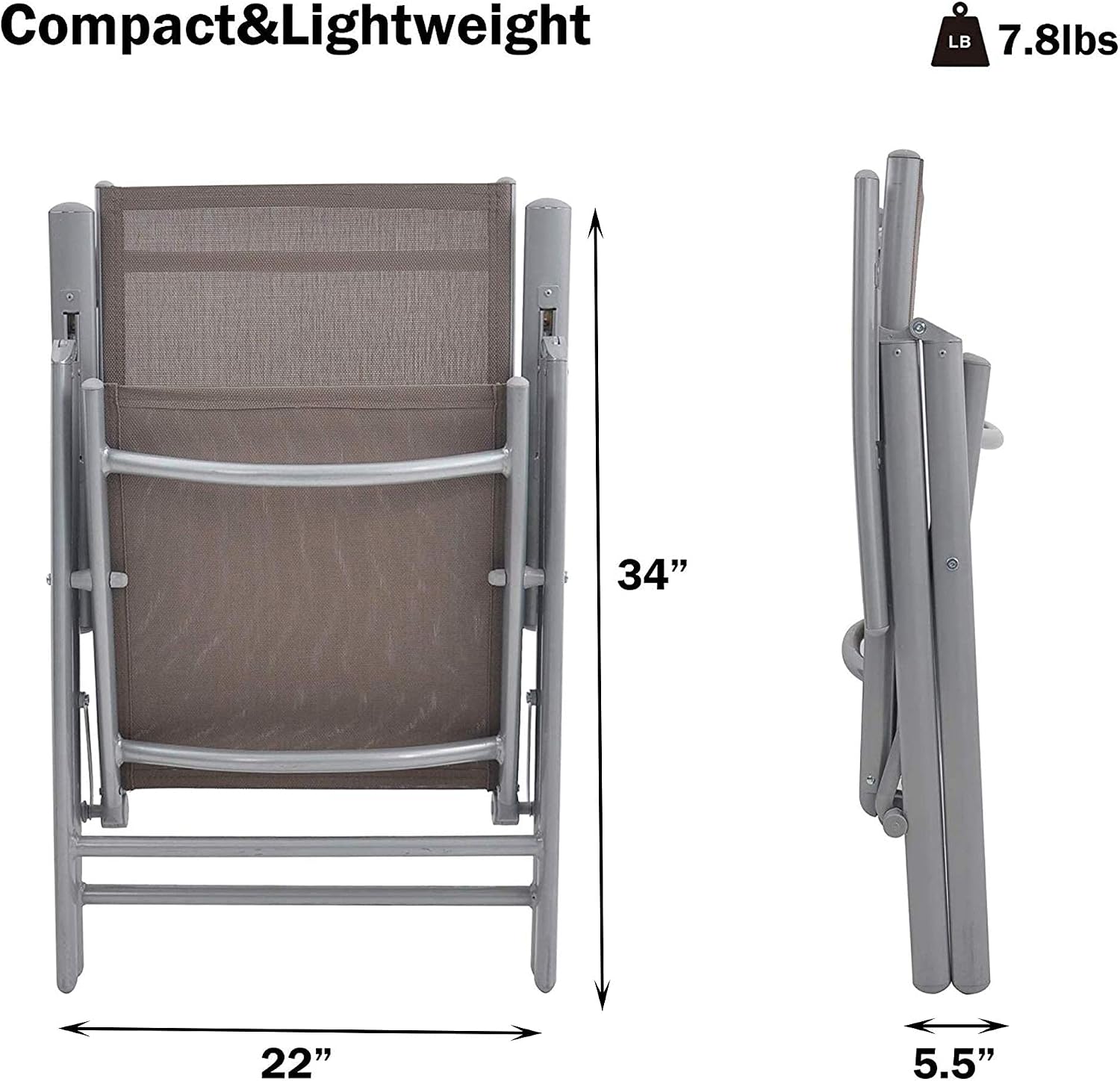 LUCKYERMORE Patio Chairs Set of 2, Folding Sling Chairs with Armrests, 7 Position Lay Flat Adjustable, Portable Chairs for Lawn Garden Backyard Poolside Porch