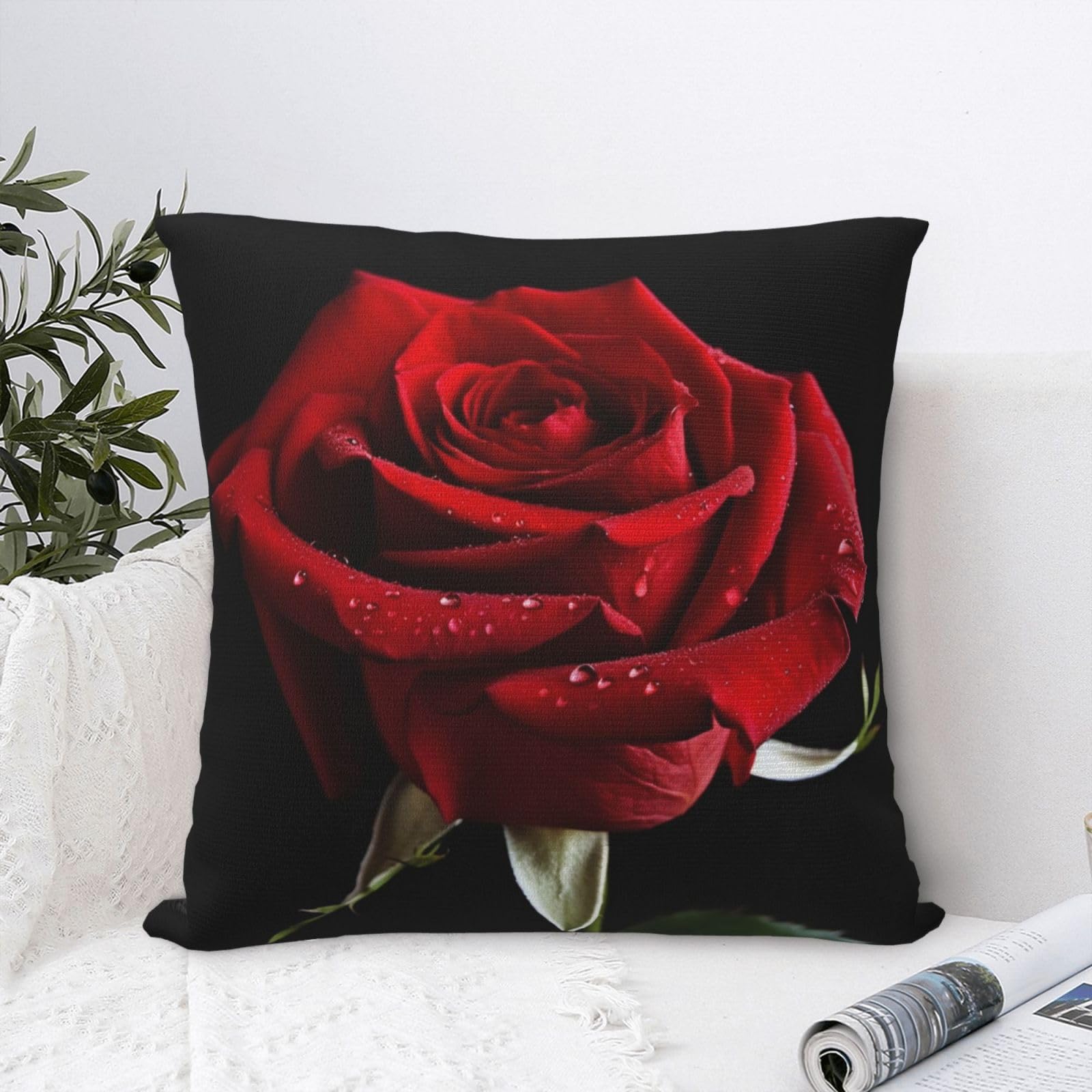 FodPand Luxury Velvet Throw Pillow Covers 24"x24" Super Soft Decorative Pillow Cases - Red Rose Black Background Pillowcases Modern Lumbar Cushion Cases for Couch Sofa Bed Pillow Shams