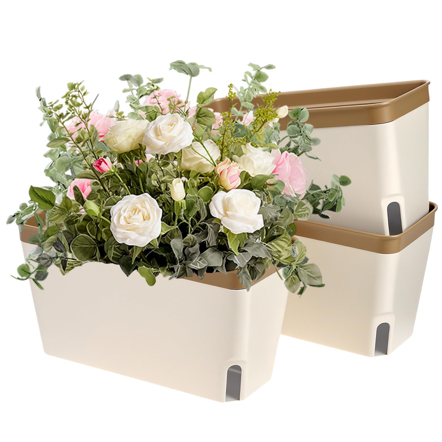 QWORK® 3 Pack Self Watering Planter Pots, 10.6 Inch Rectangular Windowsill Pots with Visual Water Level Window, for Herb Orchid Succulent Plants