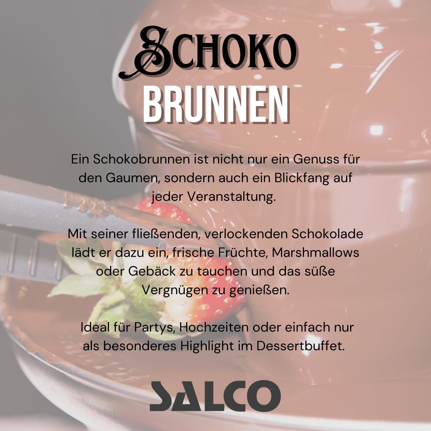 Salco Schokobrunnen | 3-stufiger Chocolate Fountain | Retro-Style | Edelstahl | Mit Wendelschnecke | 90 Watt | Perfekt für Früchte, Kekse & mehr | Leichte Reinigung | Metallic-Rot