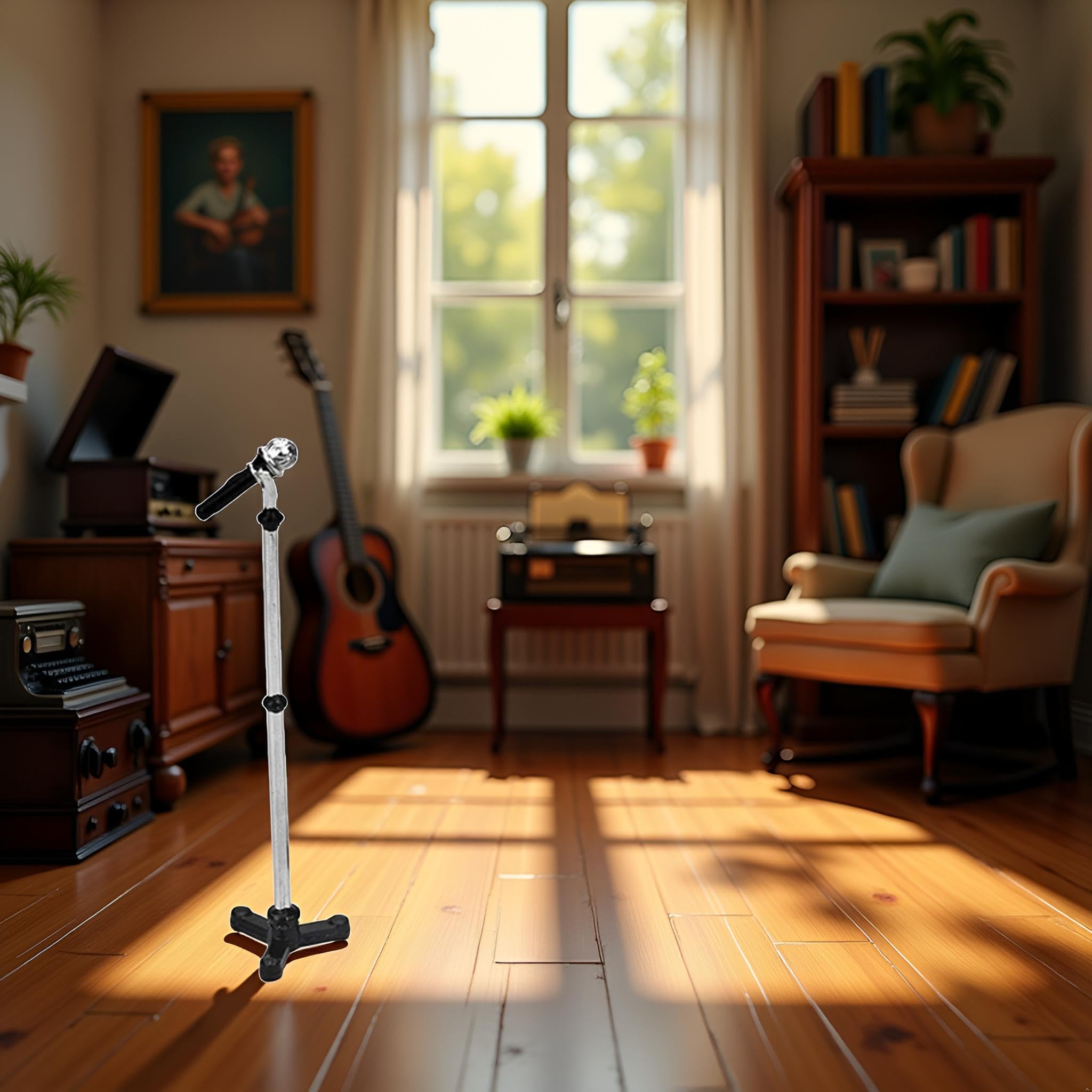 Accesorios de decoración de casa de muñecas negra, micrófono modelo de escena en miniatura de casa de muñecas 1:12 con soporte de juguete, decoración, muebles de casa de muñecas, micrófono de muñeca 3