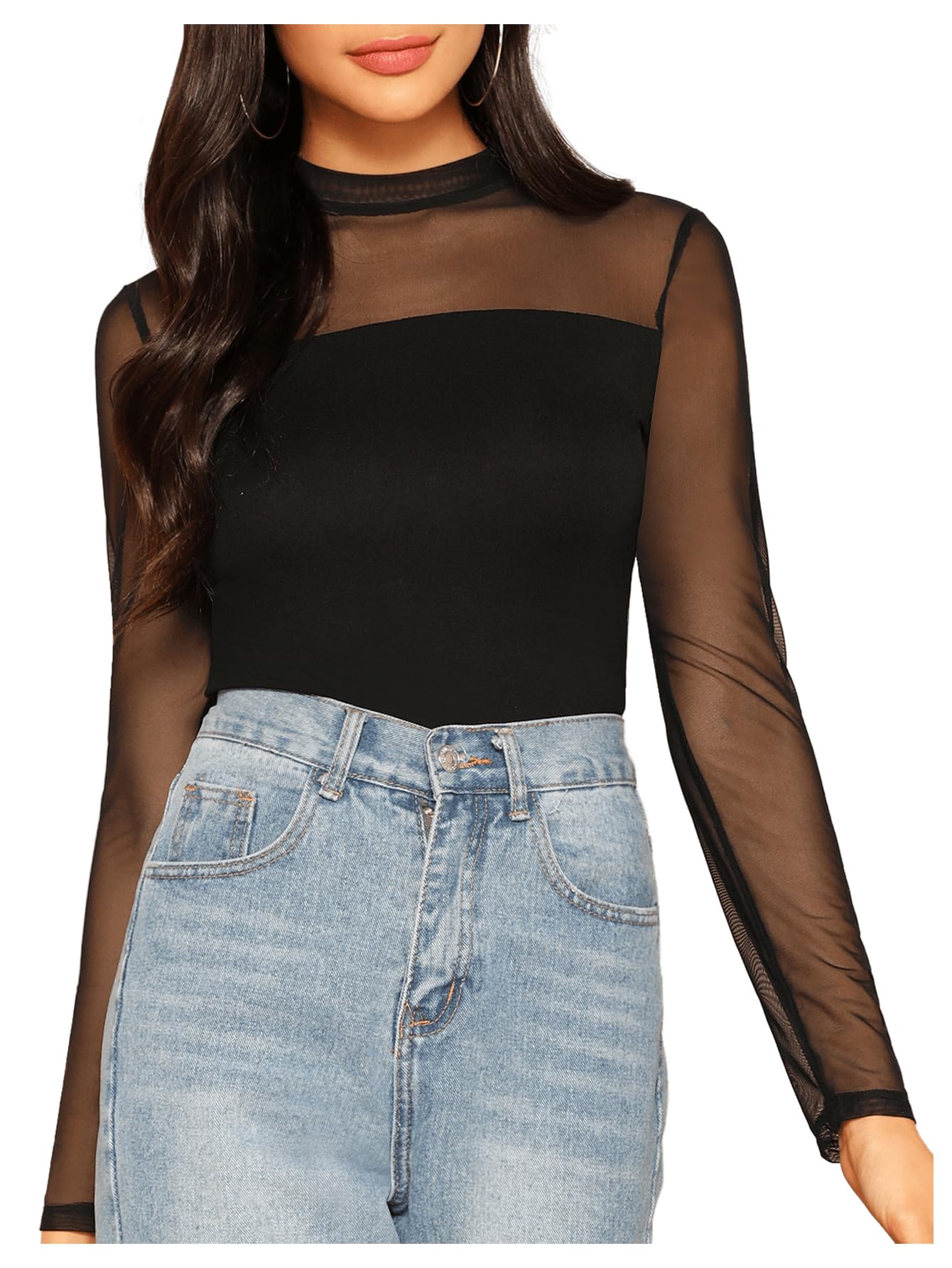 SweatyRocks Women's Mock Neck Long Sleeve Sheer Mesh Blouse Going Out Concert Shirt Tops