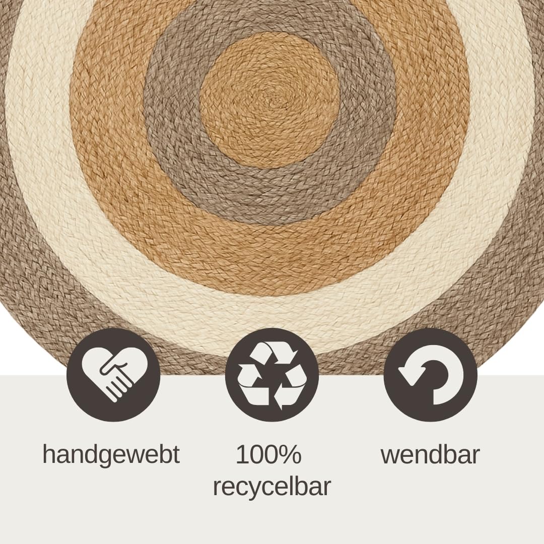 MY-RUG Jute Teppich Rund 120 cm - Sisal-Optik Handgewebt - Naturfaser Beige | Nachhaltiger Juteteppich für Wohnzimmer und Flur, OEKO-TEX zertifiziert, pflegeleicht, beidseitig nutzbar und weich