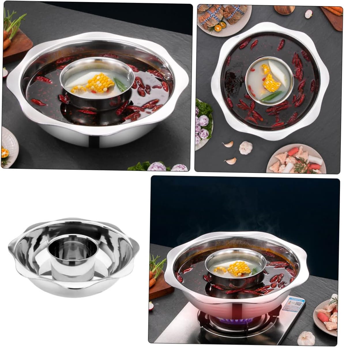 VOSAREA Stainless Steel Divided Hot Pot Divider Two-Flavor Cooking Pot for Home and Restaurant Multi-Purpose Hotpot Pan for Family Gatherings
