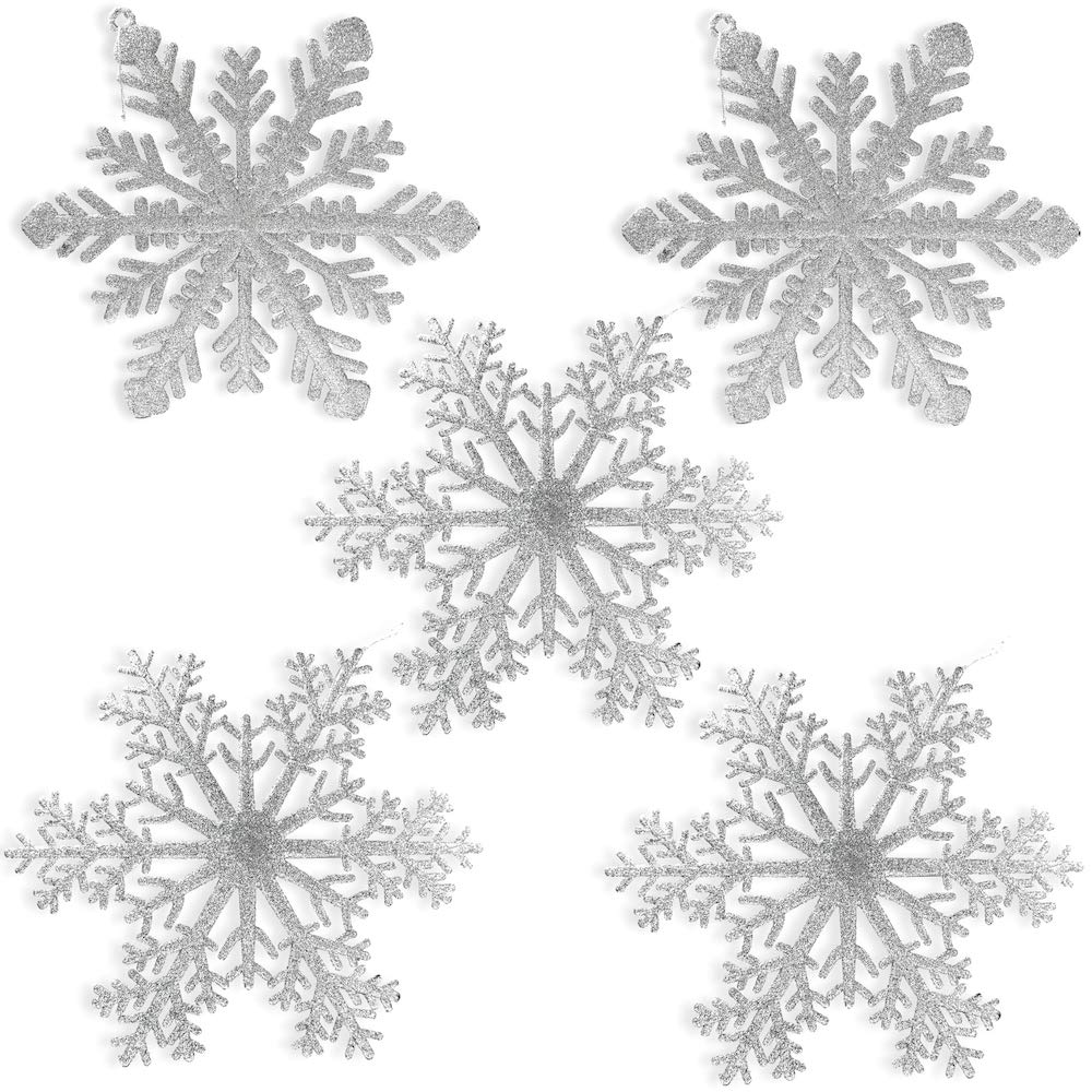 Large Snowflakes - Set of 5 - Silver Glittered Snowflakes - Approximately 12" D - Snowflake Decorations - Snowflake Window Décor - Winter Wonderland Decoration