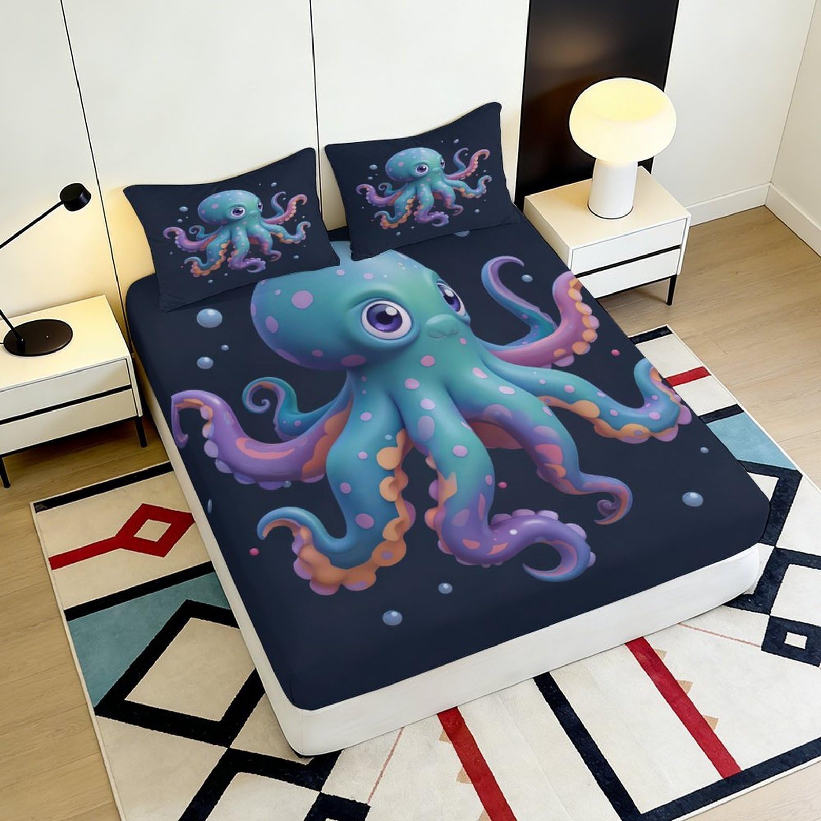 3D Druck Ozean Krake Spannbettlaken Mikrofaser Tiefes Taschen Schlafzimmer Bettwäsche Krake Matratzenschutz Spannbezug rutschfest Waschbar 200x200x25cm