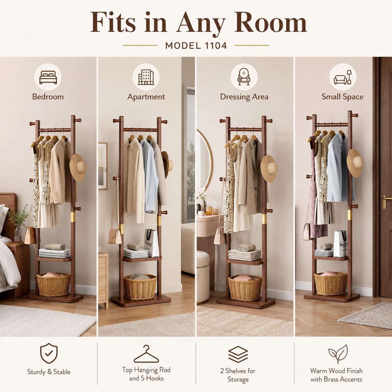 VetaDeMadera Slim Clothes Rack, Solid Wood Garment Rack for Small Spaces | Slim rubberwood clothes rack with 5 hooks and 2 shelves for bedroom storage, closets, and organized living spaces.