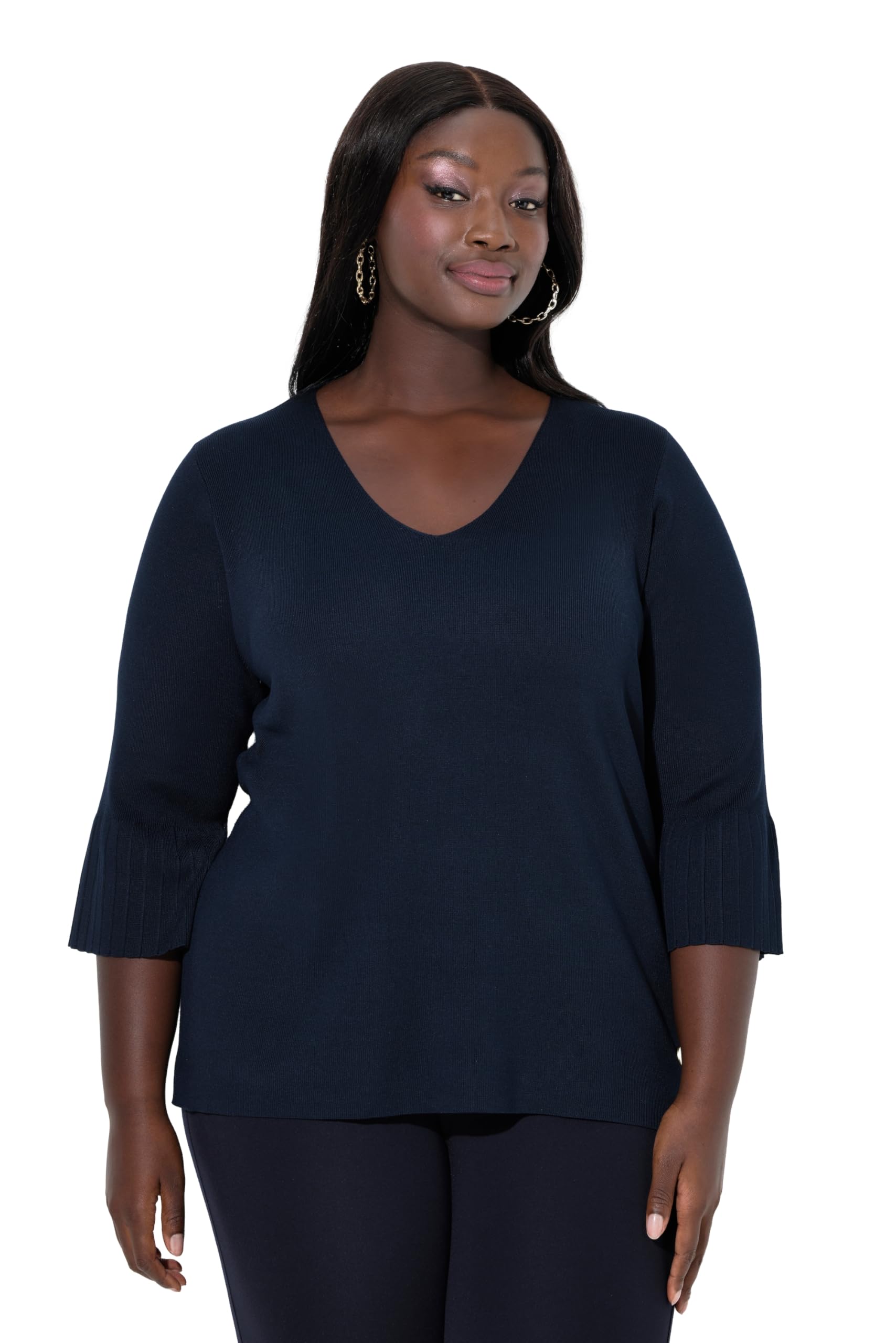 Ulla Popken Damen große Größen Übergrößen Plus Size Pullover, Feinrippstrick, V-Ausschnitt, 3/4-Volantärmel 843985