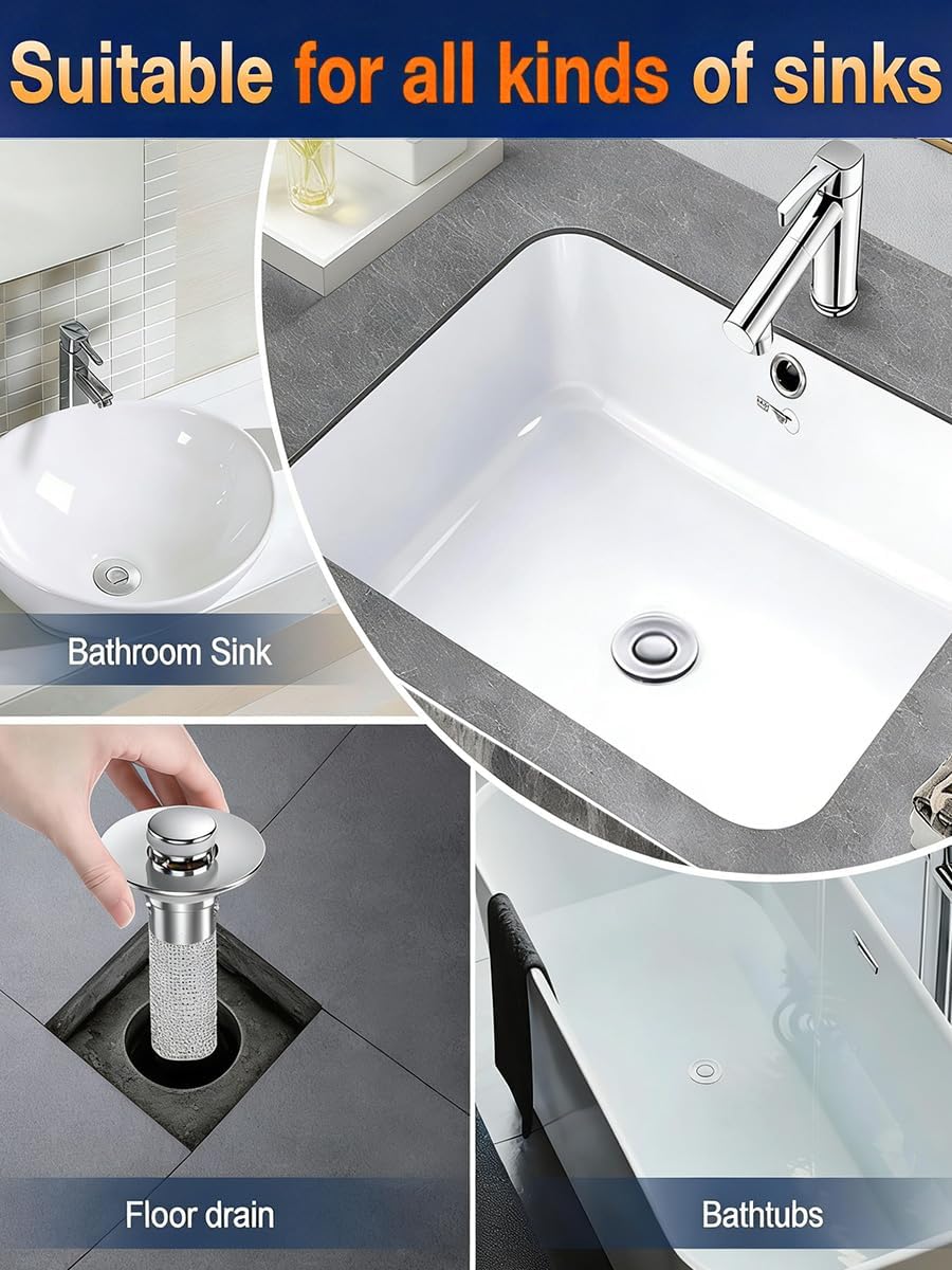 2 Pack Bathroom Sink Stopper, Pop-Up Drain Strainer with Removable Stainless Steel Hair Catcher Basket, Universal Fit for Sinks, Bathtubs, Showers & Floor Drains, Silver