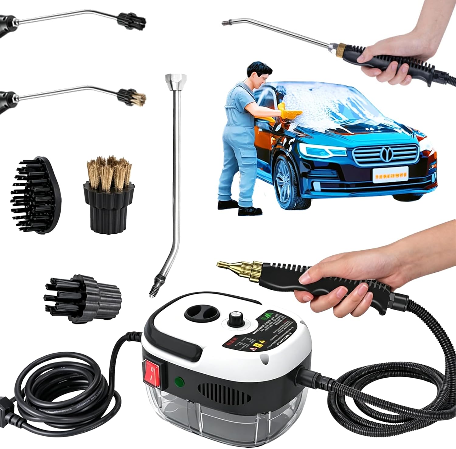 2500W High Pressure Steam Cleaner for Car Engine Detailing,Pressurized Steamer with 6 Adjustable Levels,Portable Multi-Surface Steam Cleaning Machine for Kitchen,Bathroom,Furniture,Car,Windows (white)