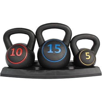 3 Piece Kettlebell Weight Set with Stand for Deadlift Training MMA Training Home Fitness - 5 10 & 15 lbs 2.2kg 4.5kg & 6.8kg