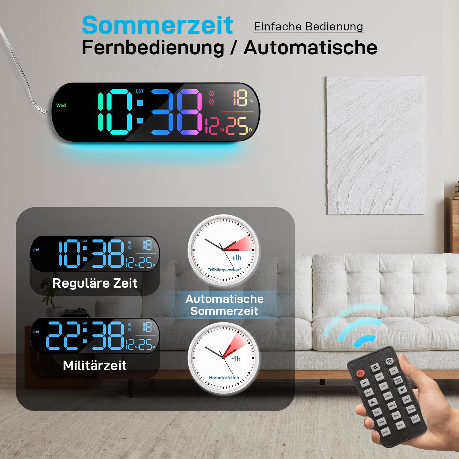Grande horloge murale numérique de 30,5 cm avec compte à rebours, réveil, grande LED, 11 couleurs RVB, affichage de l'heure d'été et de la température pour salon, salle de classe, bureau, Noël et