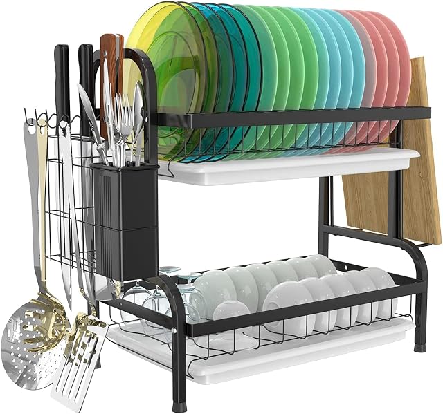 Astoryou Dish Drying Rack, 2 Tier Black Stainless Steel Dish Rack with Drip Tray, Rust Proof Dish Drainer Draining Board with Utensil Holder & Cutting Board Holder for Kitchen Countertop