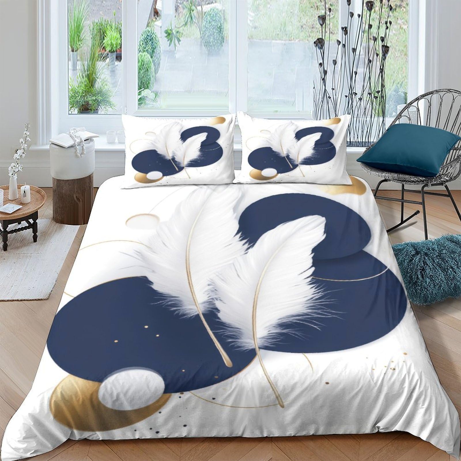 Ctjqhvkz Style-3 3D Printed Abstract Navy Gold Feather Fitted Sheet Microfiber Soft Bed Cover For Bedroom Guest Room Decor Dustproof Single（135X200cm）