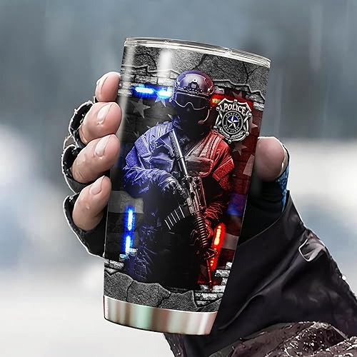 Miniatura 3 de WAZONE Vaso de café personalizado de policía con nombre personalizado de la bandera estadounidense, acero inoxidable, vacío, 20 onzas, 30 onzas,