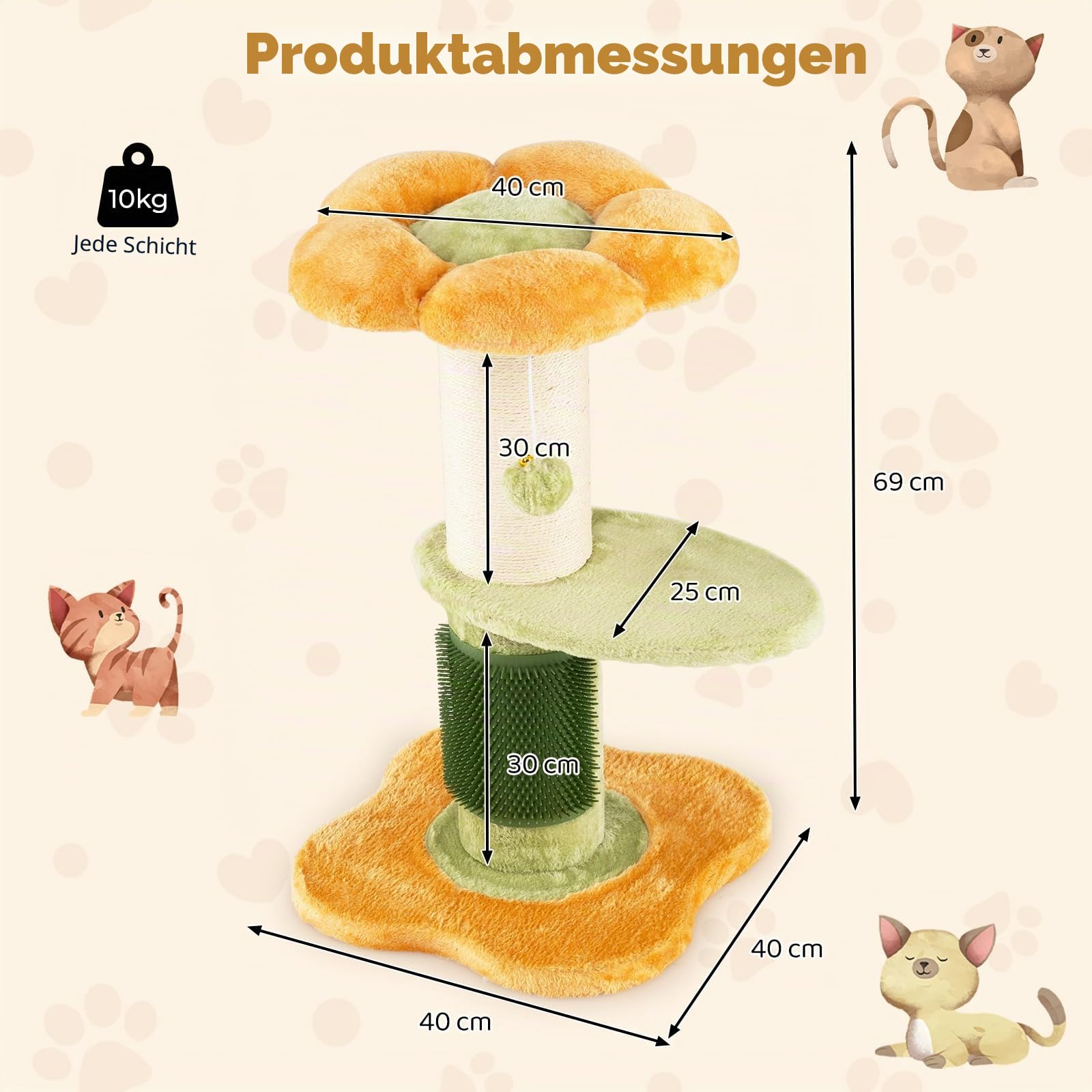 FANTASK Kratzsäule Klein, Katzenkratzbaum mit dickem Sisalstamm Plüschsitz Selbstpflegebürste Ballspiel, Kletterbaum Blumen-Design Katzenmöbel Indoor, Gelb