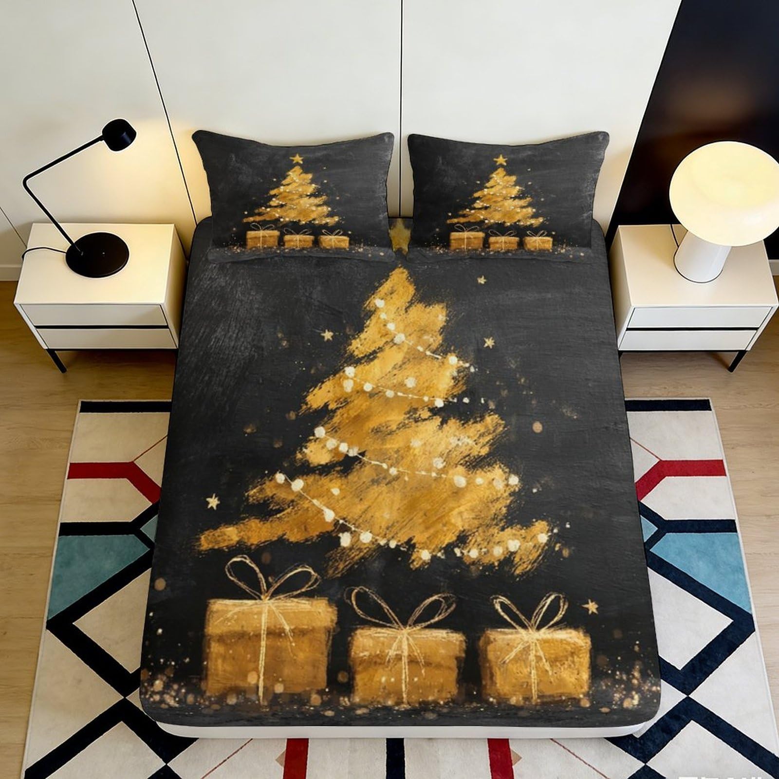 3D Printed Golden Christmas Tree Fitted Sheet Microfiber Soft Black Gift Bed Cover Non-slip for Bedroom Guestroom 90x200x25cm