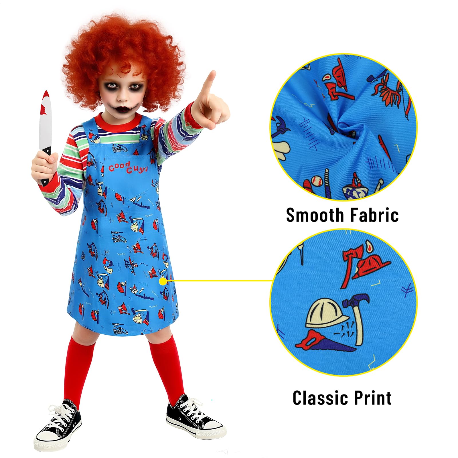 Makoike Kids Creepy Doll Costume Killer Outfit Wig Jumpsuit Stripe Tops Halloween Costume Carnival Cosplay Props - Image 3