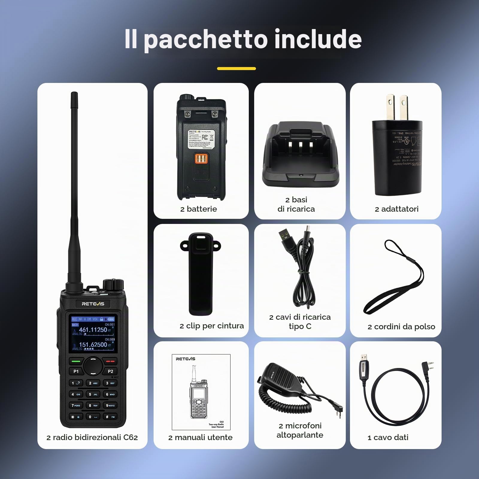 Retevis C62 Walkie Talkie Lungo Raggio, Doppia Banda Ham Radio Ricetrasmittenti Professionali, Walkie Talkie Ricaricabili Con le cuffie, 2000mAh, per Ristoranti, Alberghi e Supermercati (2 Pezzo)