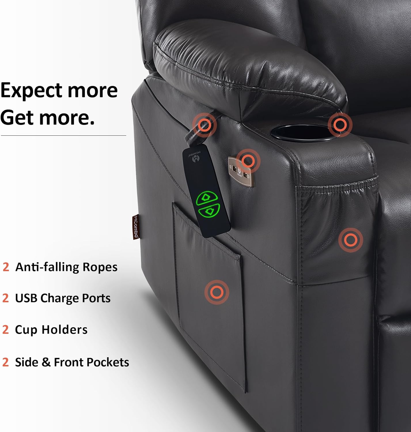 MCombo Oversized Power Lift Recliner Chair with Massage and Heat for Big and Tall Elderly People, Cup Holders, USB Ports, Side Pockets, Faux Leather R7541 (Black, Large-Oversize)