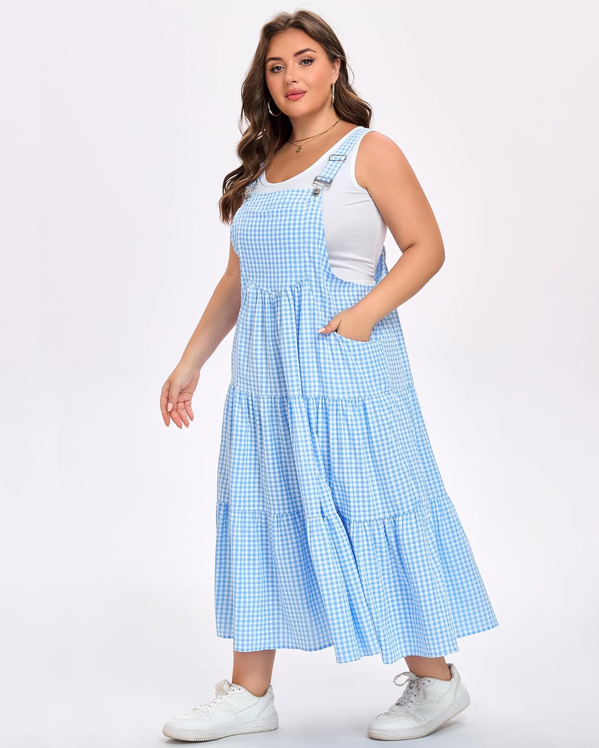 Moon Wood Women Plus Size Plaid Overall Dress with Pockets Adjustable Strap Jumper Dress Summer Casual Tiered Maxi Dress