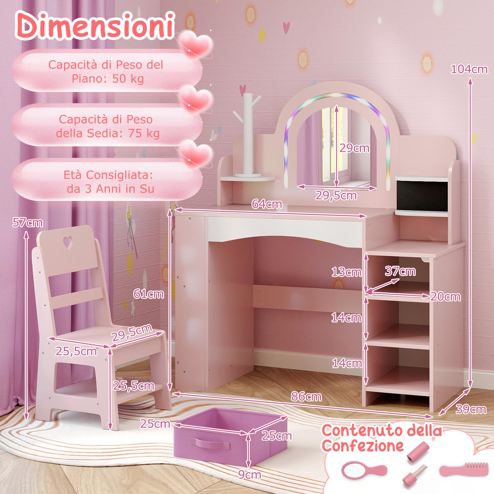 COSTWAY Toeletta Trucco per Bambina con Sgabello, Postazione Trucco con Luci, Scaffali a Vista, Prtagioielli, Libreria a 2 Ripiani e Contenitore in Tessuto, Ideale per Bambina 3+ Anni (Rosa)