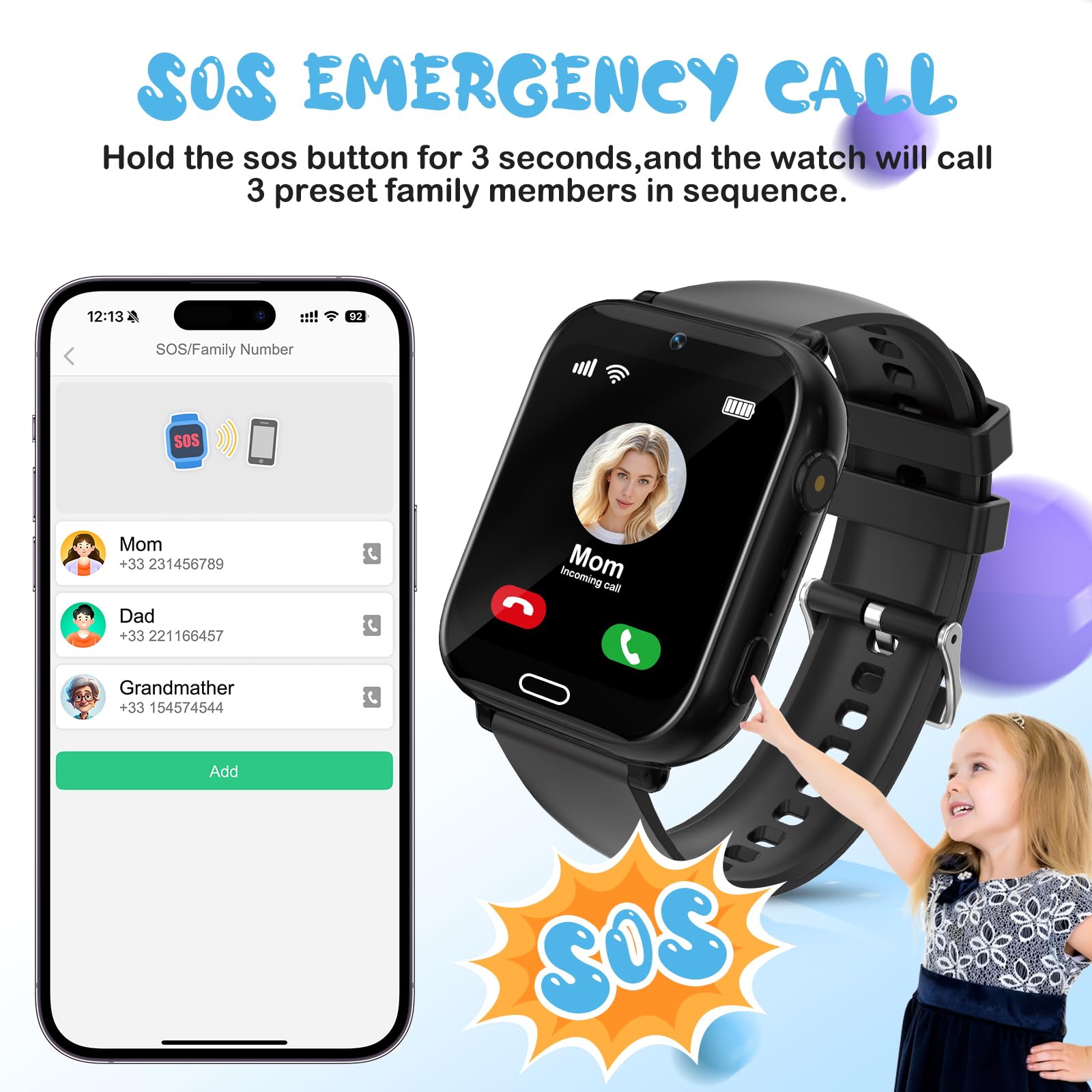 POFIBO Kids Smart Watch Boys Girls, 4G Kids GPS Tracker Watch with Phone, Video Calls, Voice Chat, SOS, Games, Alarm Clock, School Mode, Torch, Smart Watch for Boys Girls 4-16 Years — view 4