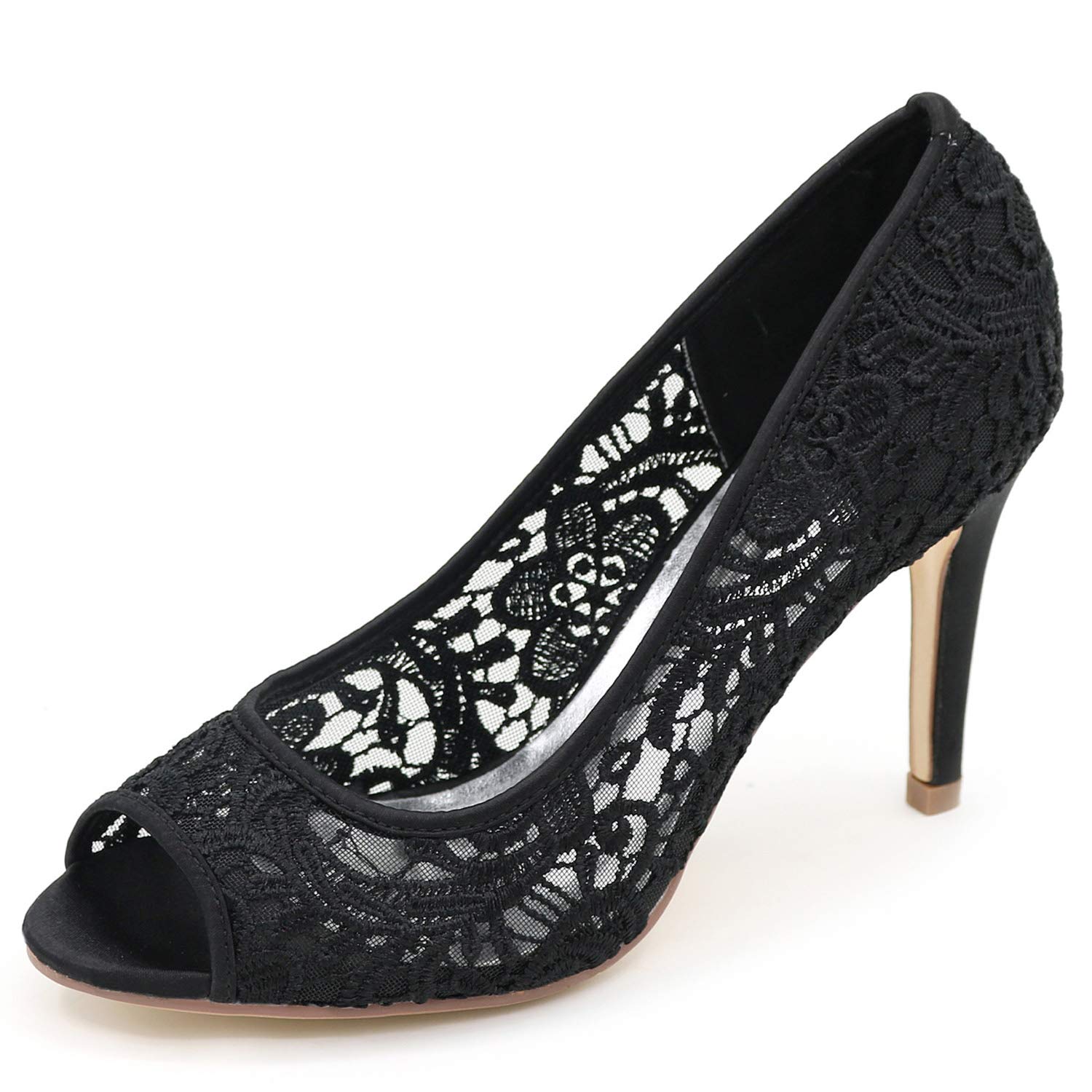 Hochzeitsschuhe für Frauen, Spitze Braut Pumps mit Nähten Chunky Ivory Low Damen High Heel Kleid Peeptoe
