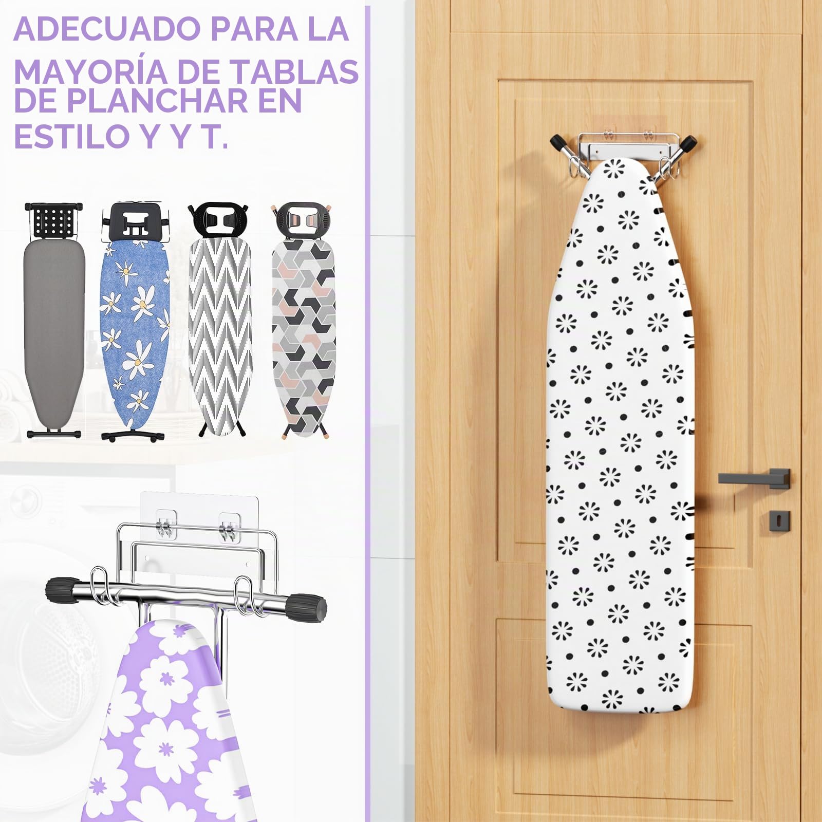Soporte para Tabla de Planchar, Almacenamiento para Tabla de Planchar, Colgador de Pared para Tabla de Planchar, Percha de Acero Inoxidable, Gancho Ppra Tabla de Planchar para Pared o Puerta Plateado