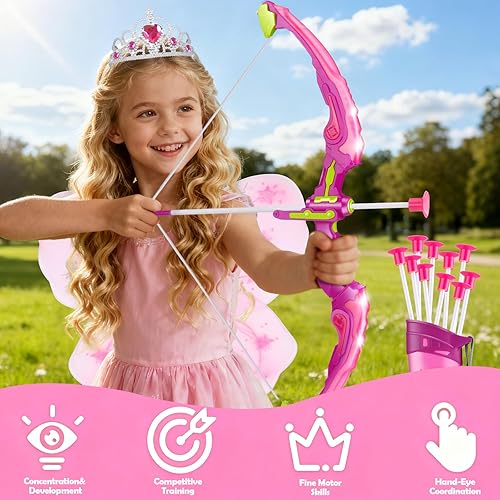 Miniatura 2 de Juego de arco y flecha rosa para niñas, juego de tiro con arco con luz LED con 10 flechas de ventosa, objetivo, alas de hadas y corona de princesa,