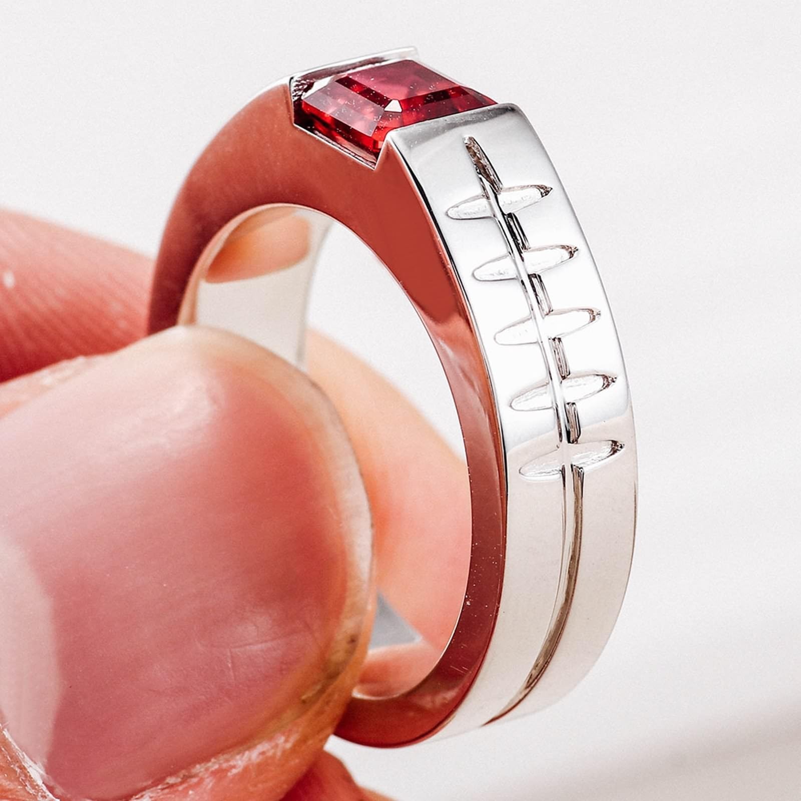 AMDXD Bague de fiançailles en or blanc véritable 375/585/750, largeur 6 mm, bague classique avec rubis carré rouge, 9 K/14 K/18 K, taille 47-62