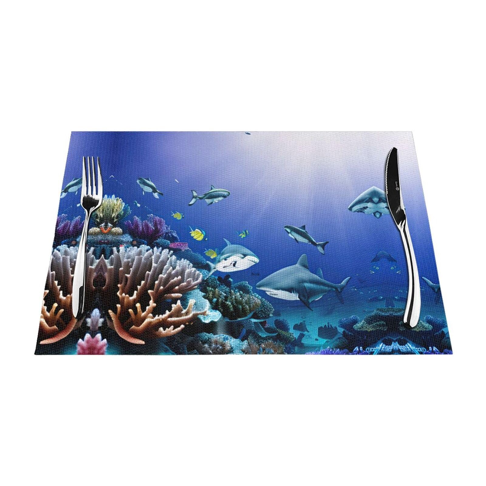 Placemats Set of 6,Table Mats Washable Placemat Decoration, Shark Swimming Under The Sea Print