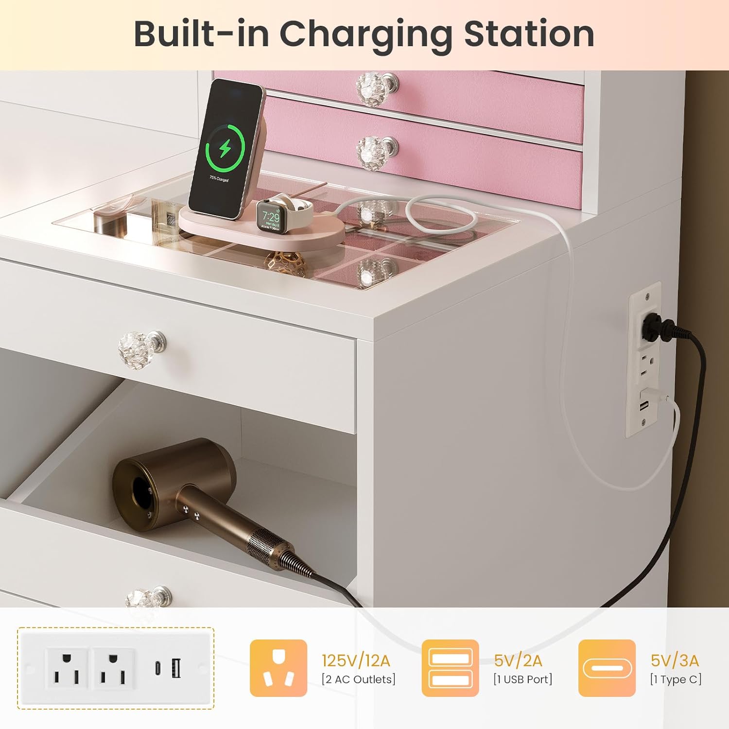 MSmask Makeup Vanity Desk with Mirror and Lights & Large LED Cabinet, Vanity Table with 2 Jewelry Boxes, 6 Drawers & Shelves, Dressing Table with Power Outlets for Women Girls Bedroom, White