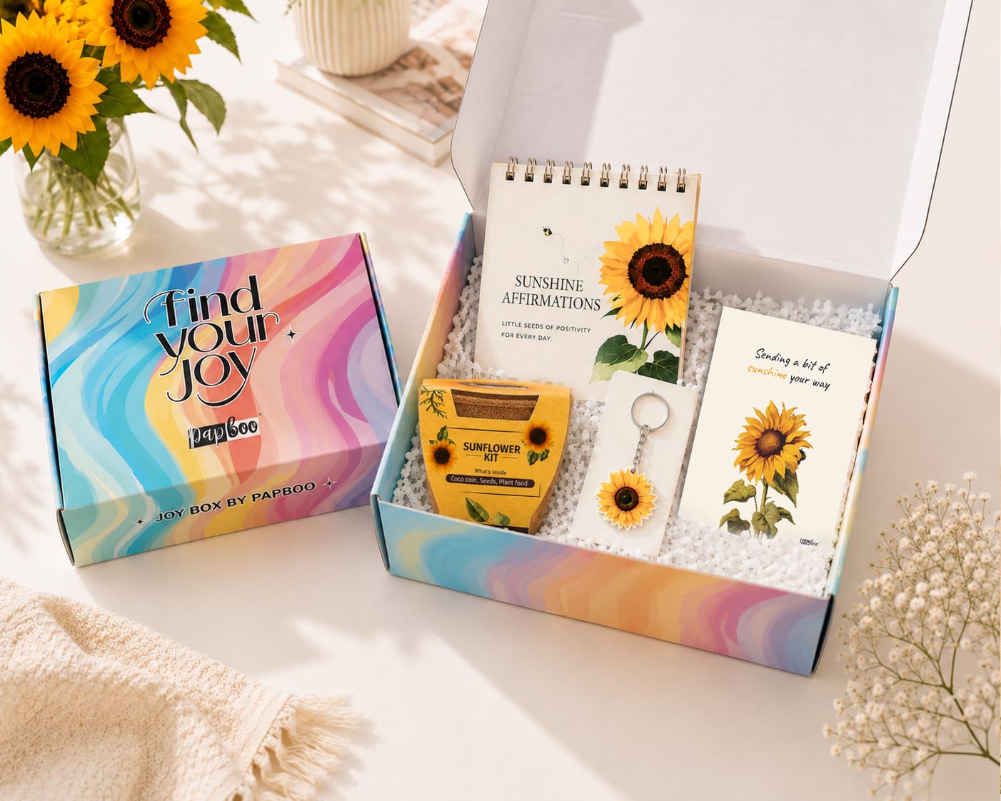 Papboo Sunflower Gift Box | Beautiful Gift Box with MDF Sunflower Keychain, Affirmation Cards, Coco Pot Growing Kit & Greeting Card | Ready-to-Gift Hamper for Birthday, Friendship, Thank You & Self-Care-image-42