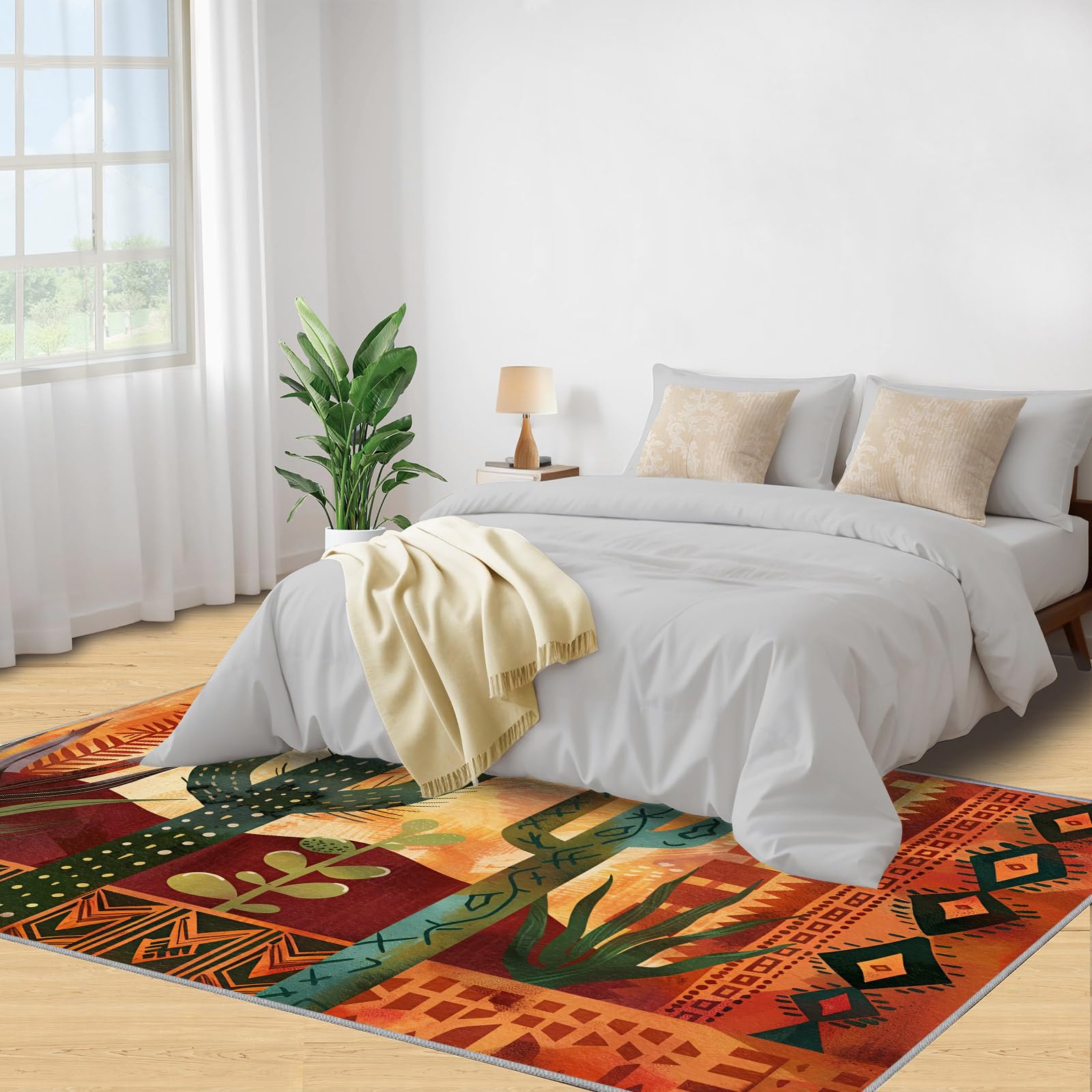 Tapis western pour salon, chambre à coucher, motif cactus aztèque, intérieur lavable, antidérapant et à poils courts - 150 x 180 cm
