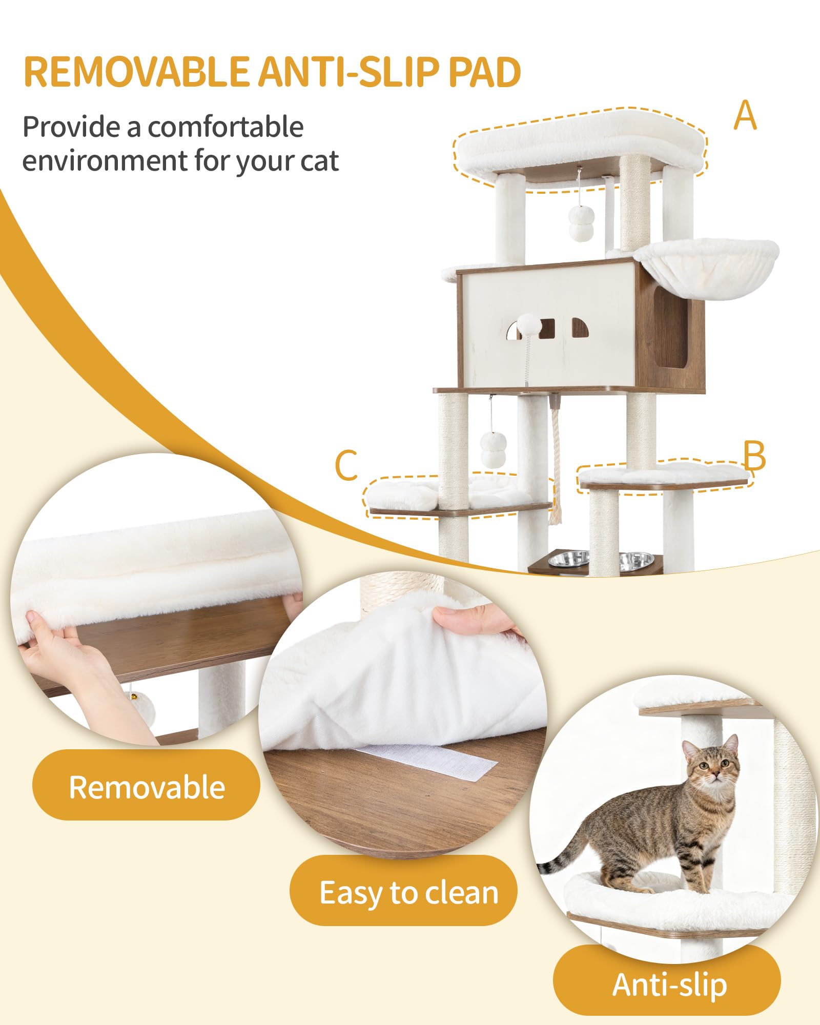 Hzuaneri 173 cm Árbol para Gatos, Blanco y Marrón, Casa para Gatos | con Mueble para Bandeja Higiénica, Soporte para Comedero Elevado, Cuerda de Sisal, Hamaca y Cojín Lavable, CB89014WT