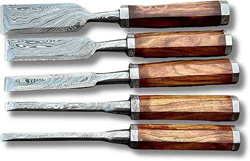 Juego de cinceles de madera de 5 piezas para carpintería, profesional para mortajar y tallar, acero de Damasco forjado