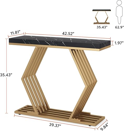 Miniatura 2 de Tribesigns Mesa consola moderna dorada de 42 pulgadas con base geométrica de metal mesa estrecha de mármol sintético negro mesa de recibidor para
