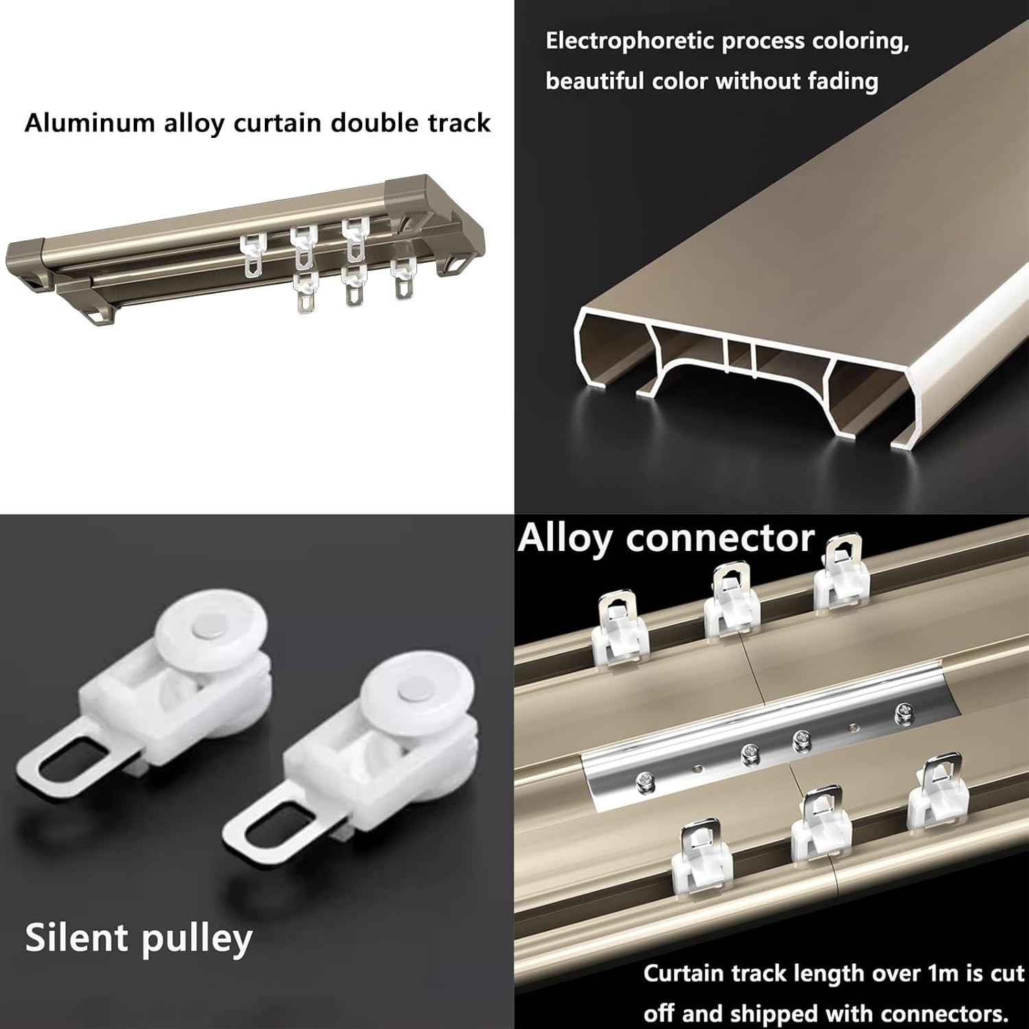Heavy-Duty Aluminum Alloy Double Curtain Track System, Ceiling-Mounted Room Divider Rails for Office & Living Room, Durable Curtains Rods in Champagne Color