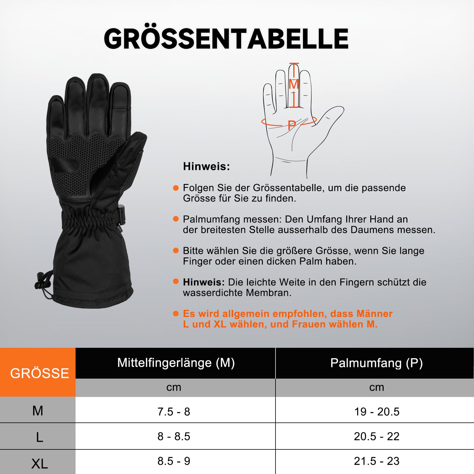 Beheizbare Handschuhe, 6000mAh Akku USB Beheizte Handschuhe für Damen Herren, 3 Heizstufen wasserdichte Touchscreen Handschuh Beheizbarer (Schwarz-EU, XL)