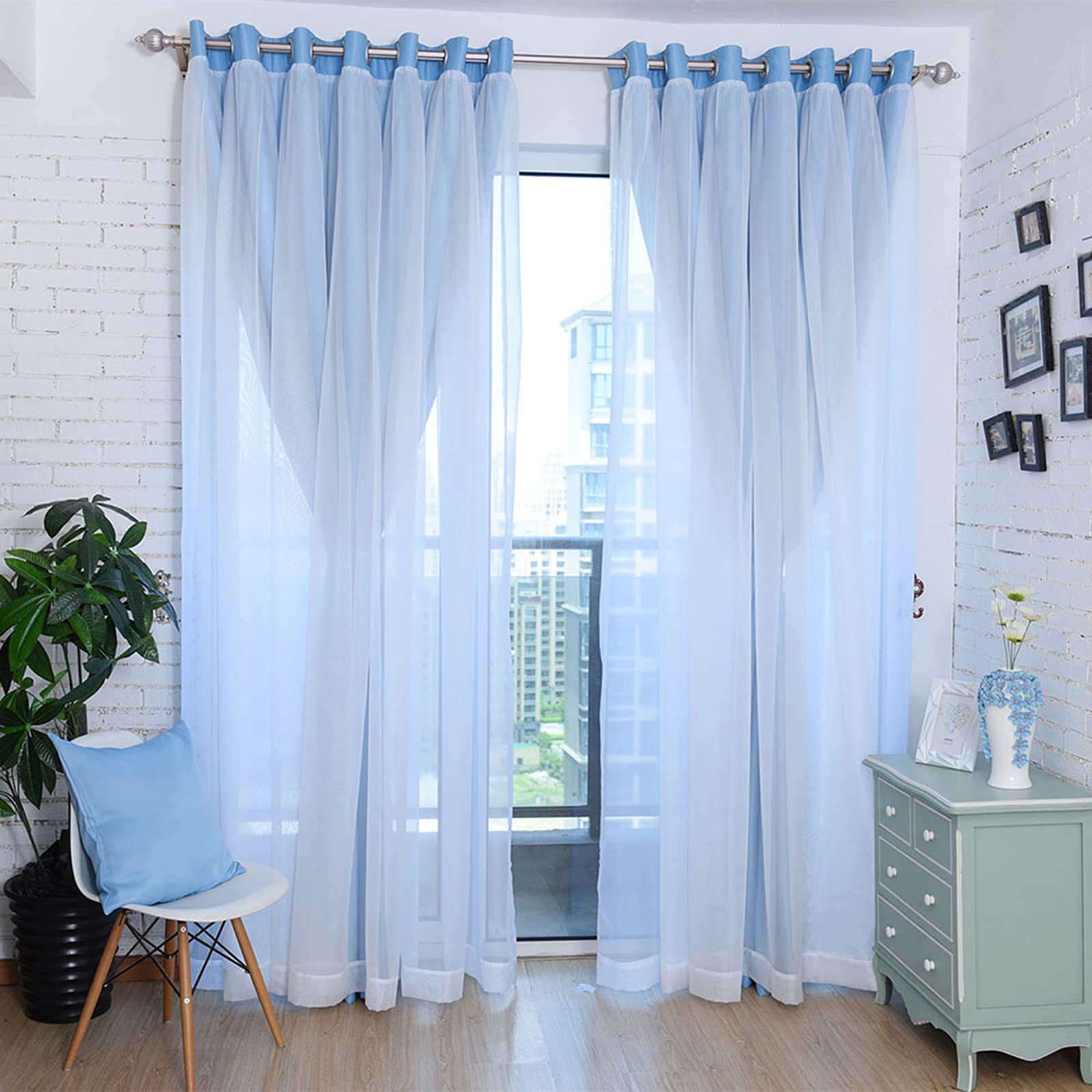 Juego de cortinas opacas de doble capa con cenefa de tul suave fina