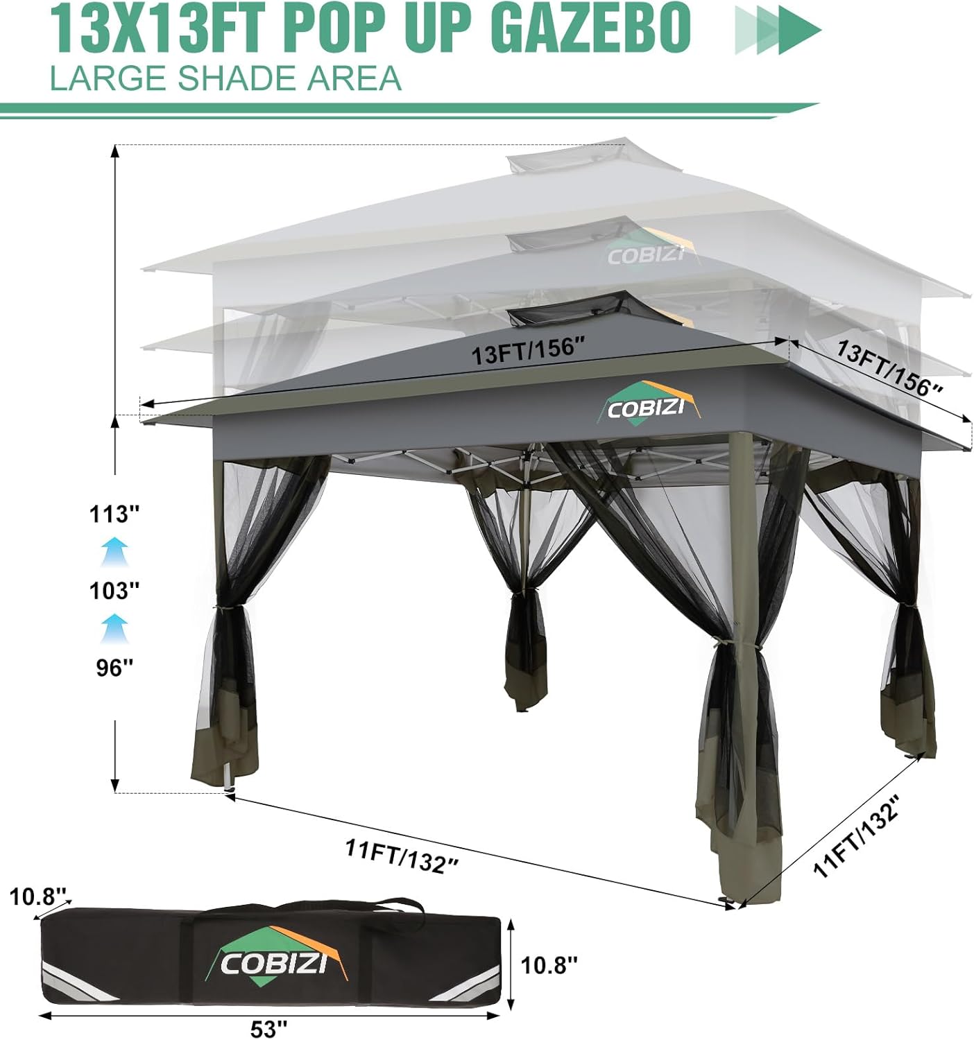 COBIZI 13x13 Pop Up Gazebos On Clearance Canopy Tent- Upgrade Metal Outdoor Canopy Waterproof - Portable Gazebo with Mosquito Nettings, 4 Ropes 8 Stakes and Carry Bag for Patio Garden(Gray)