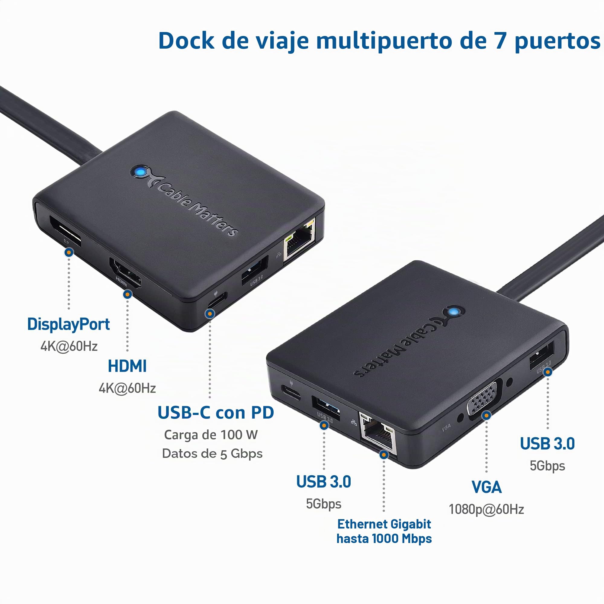 Cable Matters 7 en 1 Hub USB C HDMI, DisplayPort, VGA, USB 3.0, Gigabit Ethernet, Carga de 100 W - Puerto Thunderbolt 4 / USB4 / Thunderbolt 3 Compatible con MacBook Pro, DELL XPS, Surface Pro y más