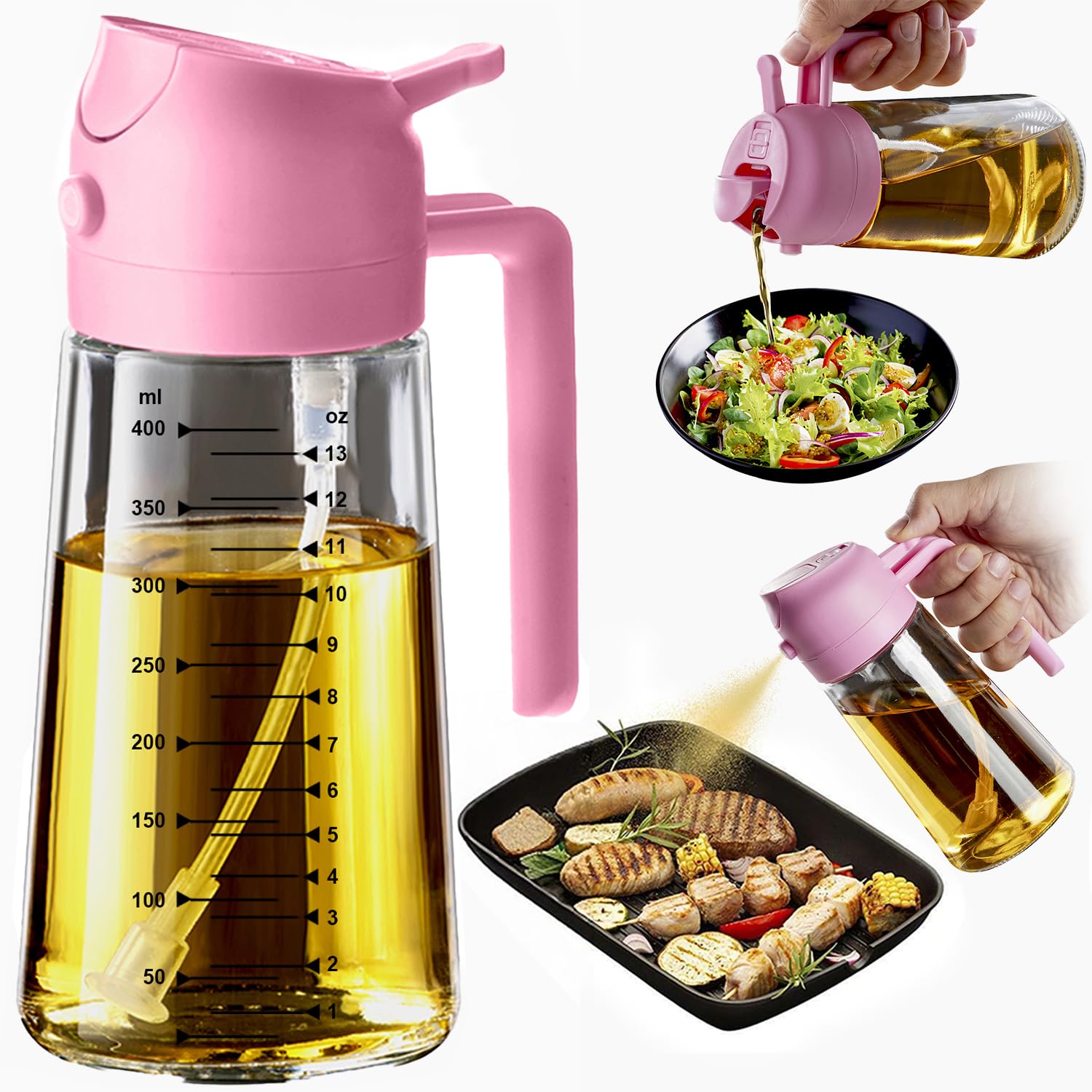 TrendPlain 16oz Ölsprüher für Speiseöl – 470ml Olivenöl Flasche – 2-in-1 Ölspender und Ölsprüher – Küchen Gadgets für Kochen, Salat und Grill