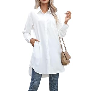 Womens Casual Button Down Shirts Long Sleeve Oversize Blouse Loose Shirt Dress with Side Pockets