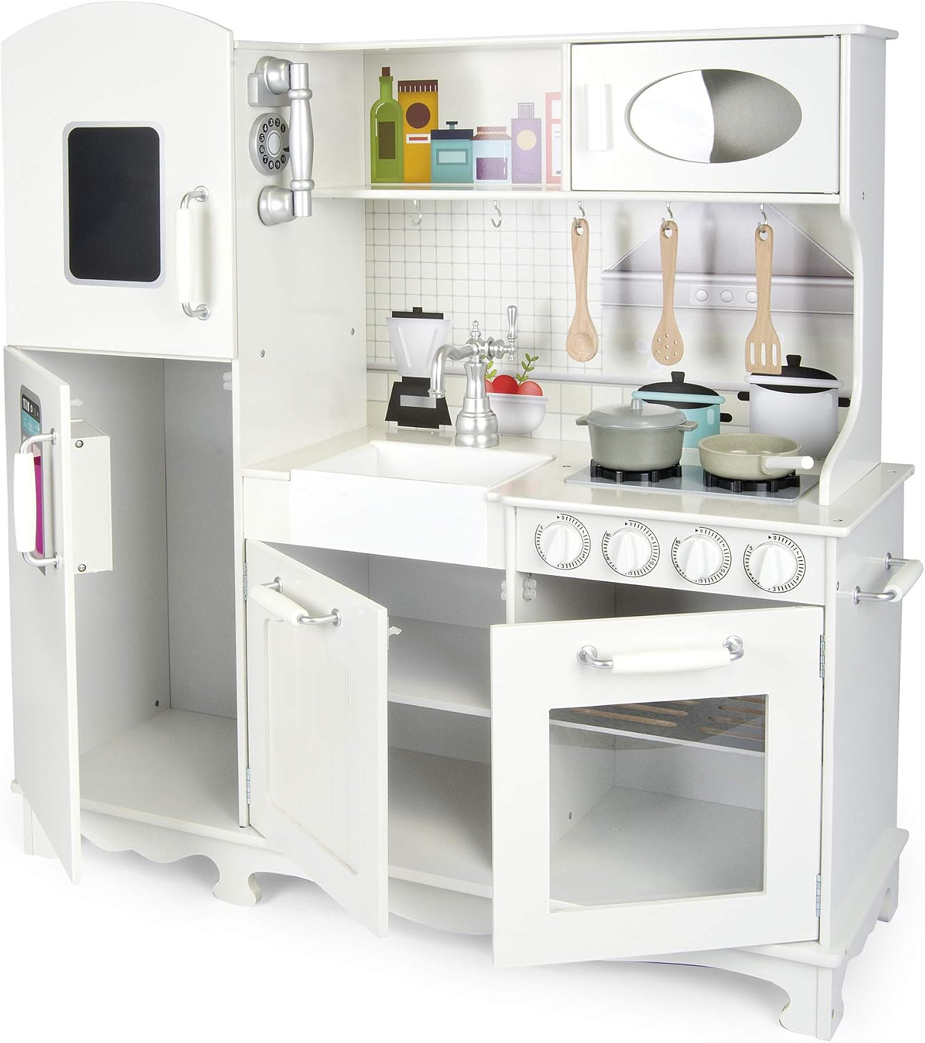 Leomark White Large Retro Play Kitchen Stylish Wooden Children's Kitchen - Vintage - Wooden Kitchen with Accessories - Kitchen Toy for Children - Toy Kitchen from 3 Years