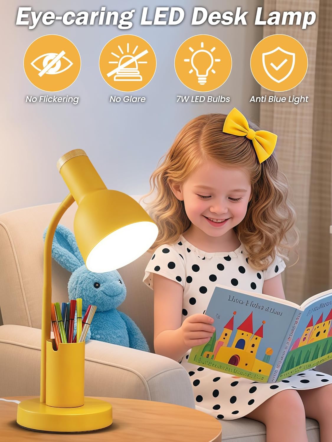 LED Desk Lamp for Home Office, Table Lamp with Pen Holder, 3 Color Modes Reading Light, Eye-Caring Desk Light with Gooseneck, Metal Study Lamp for Dorm Bedside Bedroom (Yellow lamp)