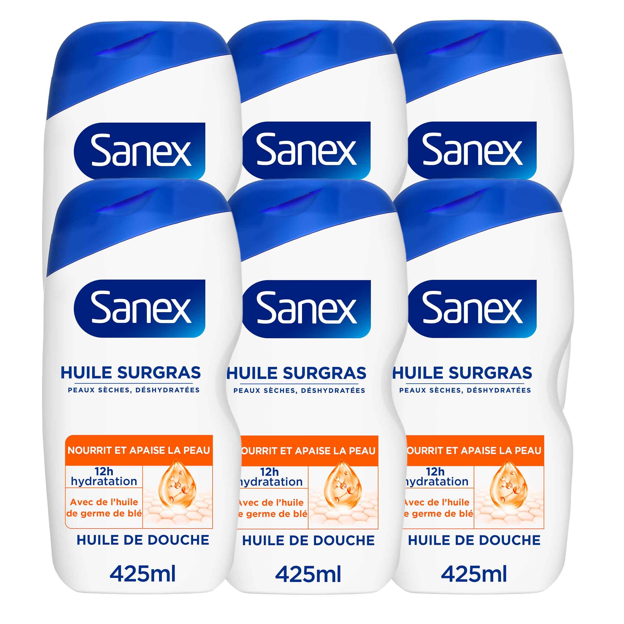 SANEX - Huile de Douche Derma Care Surgras - Hydratation 12h - Peaux sèches - 6 x 425ml